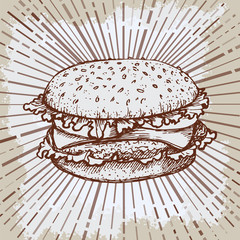 Sketch hamburger or burger vector logo design template. fast food, restaurant icon.Hand drawn vintage illustration poster