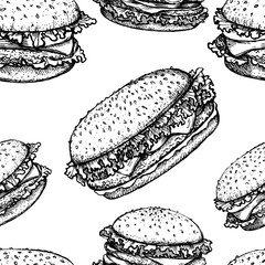 Sketch hamburger or burger vector seamless pattern. fast food, restaurant background.Hand drawn illustration for wallpaper