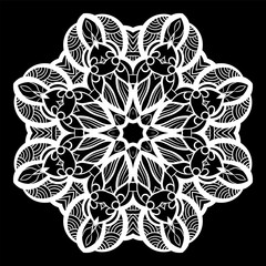 Mandala white on black. Ethnic monochrome decorative elements. Hand drawn background.