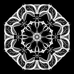 Mandala white on black. Ethnic monochrome decorative elements. Hand drawn background.