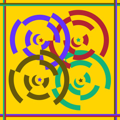 Islamic oriental vintage retro geometric abstract pattern vector with colorful design framed background with arc style shapes crescent moon stars symbols and striped lines yellow green red blue teal