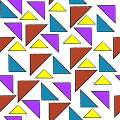Seamless geometric pattern vector abstract background with black outlined colorful triangle shapes vintage retro design
