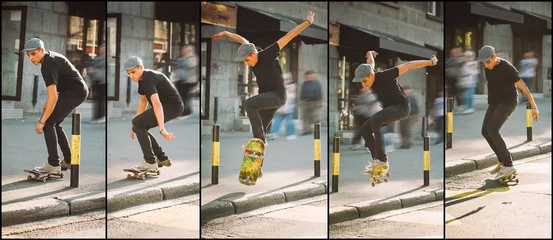 Foto auf Acrylglas Skateboard curb and roadside street jump sequence. Freeride school skateboarding © guruXOX