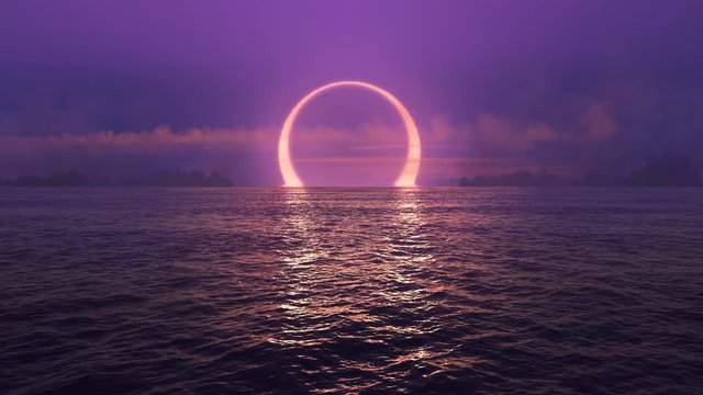 Purple sunset and solar eclipse over seamlessly looped ocean. 