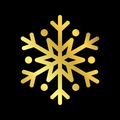 Gold Christmas snowflake icon. Golden silhouette snow flake sign isolated on black background. Elegant design for card, greeting, decoration. Shine texture. Symbol of winter Vector illustration