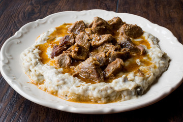Turkish Food Hunkar Begendi made with Eggplant and Meat.