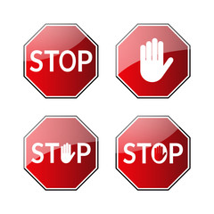 Stop traffic road signs. Prohibited red road signs isolated on white background. Glossy. No transportation attention icons. Street road danger warning icons. Symbol danger Vector illustration