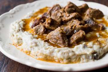 Turkish Food Hunkar Begendi made with Eggplant and Meat.