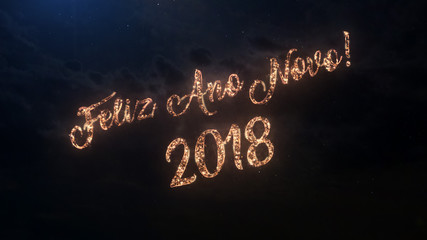 Fototapeta na wymiar 2018 Happy New Year greeting text in Portugal with particles and sparks on black night sky with colored fireworks on background, beautiful typography magic design.