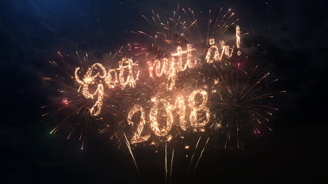 2018 Happy New Year greeting text in Swedish with particles and sparks on black night sky with colored fireworks on background, beautiful typography magic design.