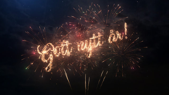 Happy New Year greeting text in Swedish with particles and sparks on black night sky with colored fireworks on background, beautiful typography magic design.