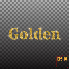The word "Golden" from golden sand and confetti with glitter on a transparent background