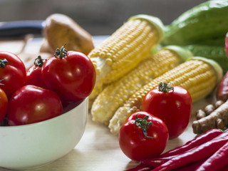 Food Photography. Corns Tomato Mixed Vegetables
