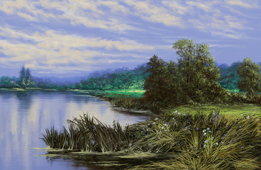 Landscape oil paintings, digital art, river, trees and grass