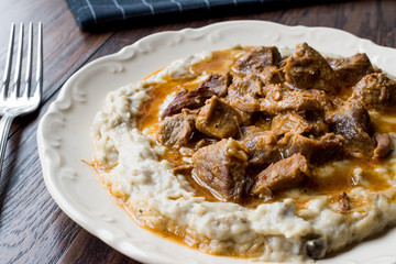 Turkish Food Hunkar Begendi made with Eggplant and Meat.