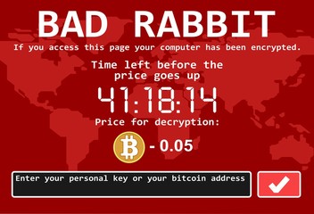 Bad rabbit ransomware computer virus encrypter cyber attack screen vector illustration