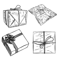 Set of sketch gift Boxes with bow. Hand drawn illustration of magic boxes. Boxing day, New year,  Christmas idea. Design of Valentine or anniversary day online store, shopping concept. Vector.