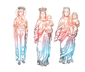 Set of Mother Mary with Jesus Christ baby in her hands. Mother of God with a child. The Nativity or the Birth of the Blessed Jesus Christ. Blackwork adult flesh tattoo concept. Vector.