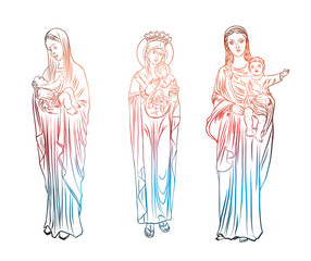 Set of Virgin Mary tattoo art. Symbol of Christianity religion, mother of Christ. Blackwork adult flesh tattoo concept. Saint Mary with a child Jesus template concept. Vector.