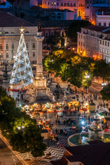Rossio square decorated with a Christmas tree, in Lisbon Portugal