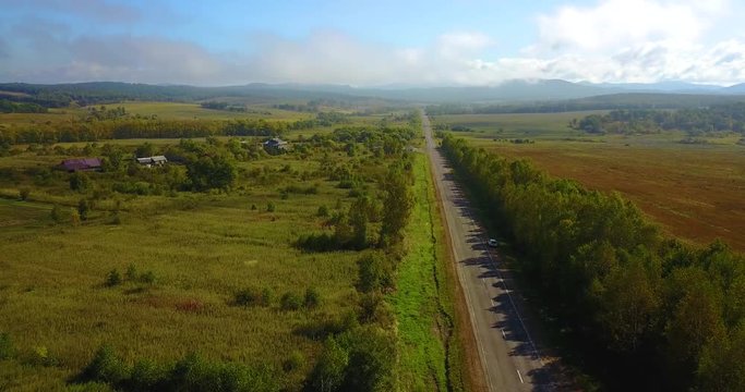 fog, road, fields, fog in the field, fog on the road, trail, Primorsky Krai, quadrocopter, shooting from height, field, green grass