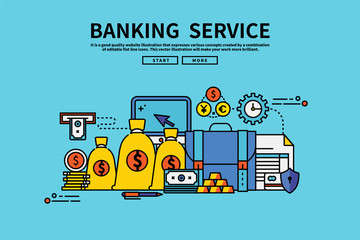 Vintage retro color style flat line vector editable graphic illustration, banking service