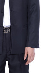 Black Suit with shoulder and arm of Businessman, black pant white shirt, isolated on studio lighting white background