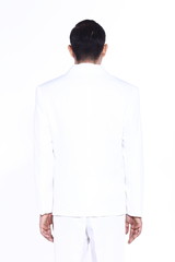 white Suit Businessman standing with back to the camera or from behind, black pant white shirt, isolated on studio lighting white background