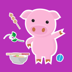 Cute pig cartoon sticker set on blue background