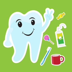 Cute teeth cartoon sticker set on blue background