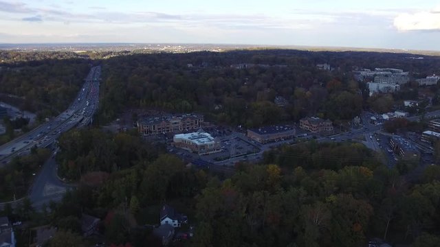 Panning aerial view of Interstate highway 476 Blue Route in Radnor Township, Villanova, Pennsylvania