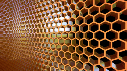 Golden honeycombs 3D render.