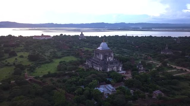 4K Aerial landscape view Thatbyinnyu Phaya and old temples of Bagan, Myanmar (Burma)
