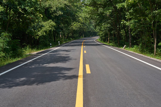 the small rural asphalted curve or bend road in Thailand.  Road in forest.