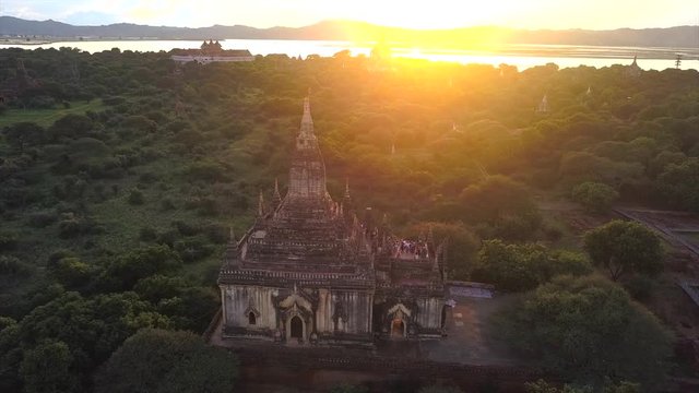 4K Aerial,landscape at sunset over old temples of Bagan, Myanmar (Burma)