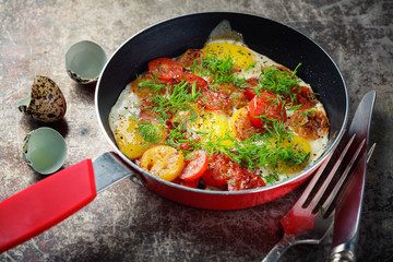 Quells fried eggs with tomatoes in a frying pan with red handle on dark background
