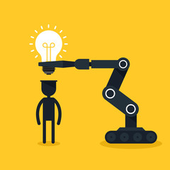 Creative idea concept. Robot put light bulb into human brain