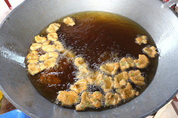 Deep Fried fish Cake in hot oil Pan for Catering and street lifestyle, close up