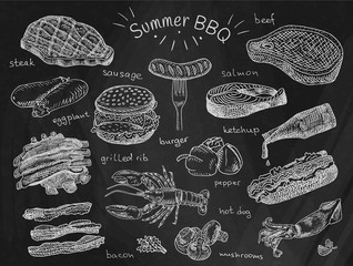 beautiful illustration summer bbq food, ribs, sausage, beef, steak, eggplant, burger, bacon, vegetables, herbs, mushroom, hot dog, lobster, calamari, ketchup, salmon, pepper on chalkboard background © levshina