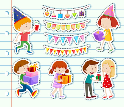 Sticker design with happy children and party decorations