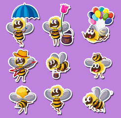 Sticker design for bee in different actions