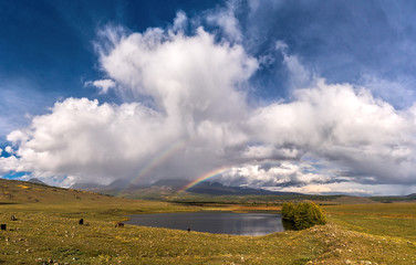 Double rainbow over Lake Huh-Nur in Mongolia