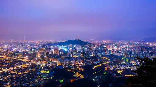 Cityscape of Seoul with Seoul tower at night, South Korea.