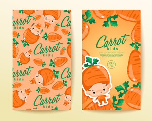 Boy and girl wearing vegetable shaped hat in horizontal label template : Vector Illustration