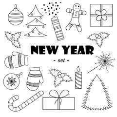 Set of black-and-white New Year's elements.White background.