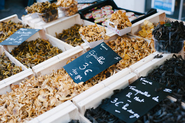 Fresh mushrooms for sale at a street market in France