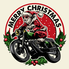 santa claus riding motorcycle badge © bazzier