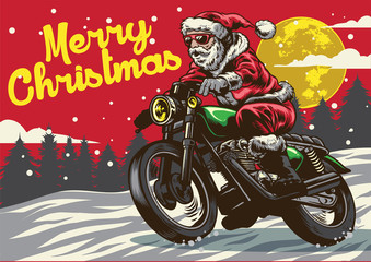 Fototapeta na wymiar santa claus riding vintage motorcycle