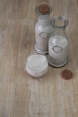 Milk in glass bottles, closeup, background
