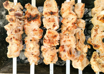 Shish kebab on metal sticks roasted on the grill